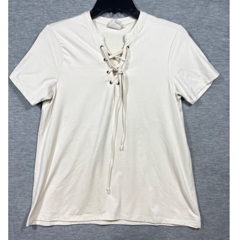 White Crow Womens Shirt Sz M Ivory Faux Suede Lace Up Boho Soft Casual‎